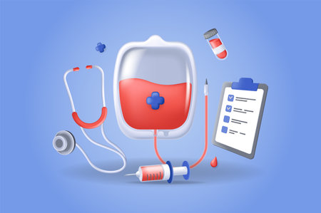 Blood donation concept 3D illustration. Icon composition with dropper bag, syringe, stethoscope, test tube, questionnaire tablet and other medical signs. Vector illustration for modern web designのイラスト素材