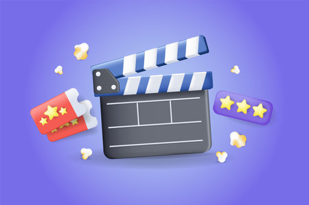 Cinema concept 3D illustration. Icon composition with director clapperboard, tickets, stars rating and popcorn pieces. Movie watching and film entertainment. Vector illustration for modern web designのイラスト素材
