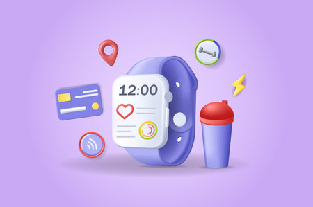 Fitness tracking concept 3D illustration. Icon composition with smart watch with heartbeat and sport data, water balance, gym exercise, credit card, location. Vector illustration for modern web designのイラスト素材