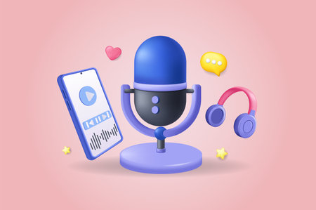 Podcast concept 3D illustration. Icon composition with microphone, headphones, recording audio, listening talk or interview in mobile podcasting application. Vector illustration for modern web designのイラスト素材