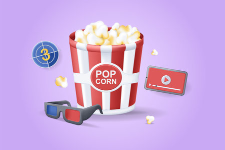 Popcorn in cinema concept 3D illustration. Icon composition with popcorn in bucket, movie glasses, video player in mobile phone screen, show entertainment. Vector illustration for modern web designのイラスト素材