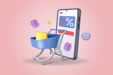 Sale shopping concept 3D illustration. Icon composition with supermarket trolley with bag, gift, percent discount of price in mobile app, online ordering. Vector illustration for modern web designのイラスト素材