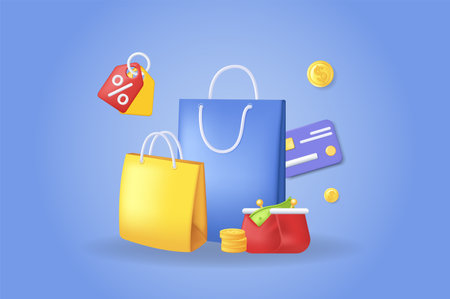 Shopping bag concept 3D illustration. Icon composition with packages for purchases, credit card and money cash in wallet, percent discount of price at tags. Vector illustration for modern web designのイラスト素材