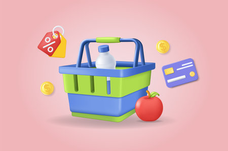 Shopping sale concept 3D illustration. Icon composition with supermarket basket with food, credit card and coins, percent discount of price, buying grocery. Vector illustration for modern web designのイラスト素材