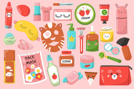 Flat design Korean beauty element sticker concept in the cartoon style on a pink background. Images of various Korean products that can be used for make up and facial care. Vector illustration.のイラスト素材