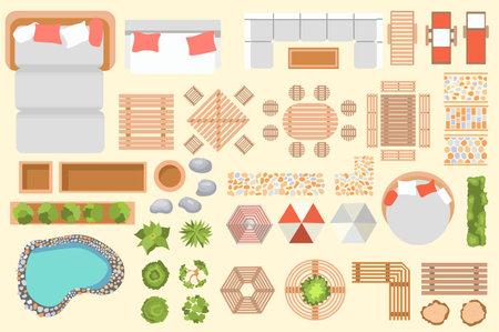 Outdoor furniture top view icon set concept in the flat cartoon design on a yellow background. Furniture and landscaping that can be used to decorate the yard. Vector illustration.のイラスト素材