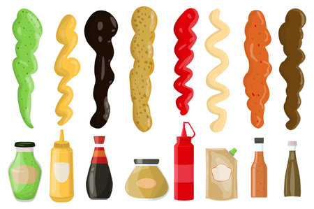 Sauces flat set in the flat cartoon design. Images of various sauces that can be used for cooking. Vector illustration.のイラスト素材