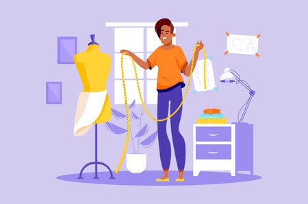 Fashion designer violet concept with people scene in the flat cartoon style. A fashion designer sketches a new dress in her studio. Vector illustration.のイラスト素材