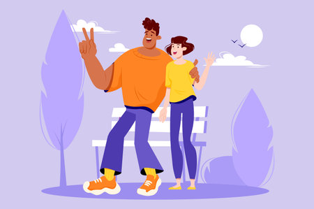 Happy people standing together violet concept with people scene in the flat cartoon style. Two friends decided to go for a walk in the park and have fun together. Vector illustration.のイラスト素材