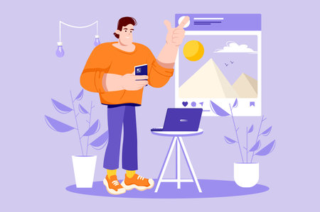 Social network violet concept with people scene in the flat cartoon design. A guy looks at a picture that his friend posted on a social network. Vector illustration.のイラスト素材