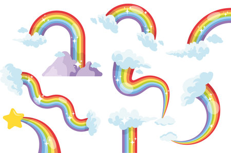 Rainbow set concept in the flat cartoon design. Image of a rainbow of different shapes with clouds and sparkles. Vector illustration.のイラスト素材