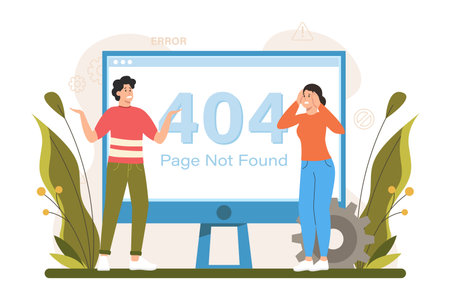 404 not found color concept with people scene in the flat cartoon design. Team of programmers cannot...