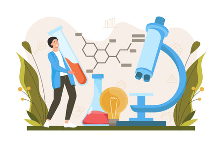 Color concept science lab with people scene in the flat cartoon design. Young scientist works with various chemical in the laboratory. Vector illustration.のイラスト素材