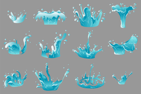 Drip water set concept in the flat cartoon design on the grey background. Image of water splashes and drops. Vector illustration.のイラスト素材