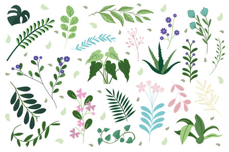 Set of plants concept in the flat cartoon style. Images of various green plants found in forest and fields. Vector illustration.のイラスト素材