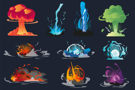 Bomb explosion set concept in the flat cartoon style on the dark background. Image of clouds of different colors after the explosion of bombs. Vector illustration.のイラスト素材