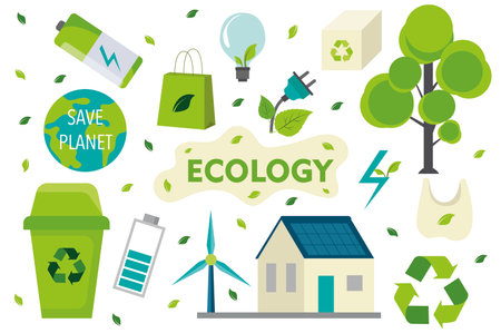 Environmental stickers set concept in the flat cartoon design. Pictures that call to preserve the environment and save resources. Vector illustration.のイラスト素材