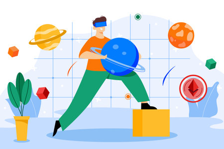 Metaverse color concept with people scene in the flat cartoon style. Boy explore cosmos in the virtual space using digital gadgets. Vector illustration.のイラスト素材