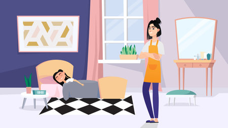 Family concept with people scene in the background cartoon style. Mother came to the room to wake up her daughter in the morning. Vector illustration.のイラスト素材