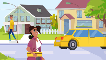 Small town concept with people scene in the background cartoon design. Woman met her neighbor on the street. Vector illustration.のイラスト素材
