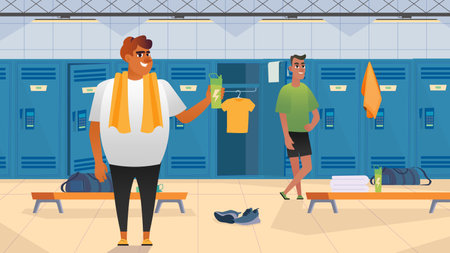 Fitness gym concept with people scene in the background cartoon design. Two mans chat after training. Vector illustration.のイラスト素材