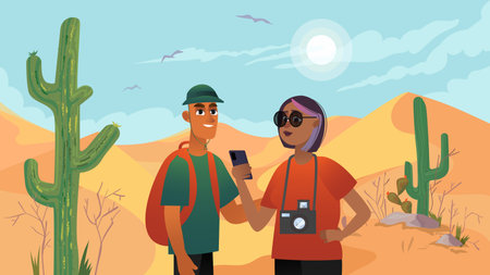 Desert concept with people scene in the background cartoon style. Two friends decided go on a journey through the desert. Vector illustration.のイラスト素材