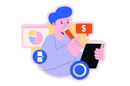 Business planning round concept with people scene in the flat cartoon design. Business man make a list with his duties and tasks for the near future. Vector illustration.のイラスト素材