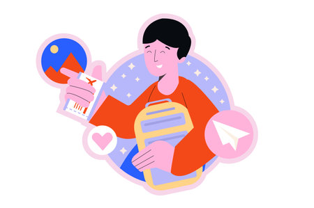 Travel round concept with people scene in the flat cartoon design. Man is packing a backpack to go on a trip. Vector illustration.のイラスト素材