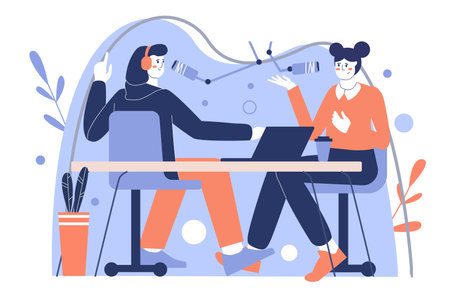 Podcast blue concept with people scene in the flat cartoon style. Famous girl records a podcast at a radio studio. Vector illustration.のイラスト素材