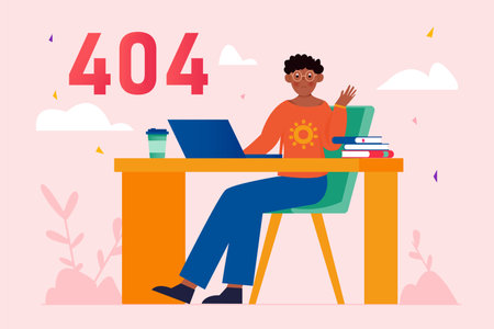 404 no found pink concept with people scene in the flat cartoon design. Programmer does not understand why an error occurred during operation. Vector illustration.のイラスト素材