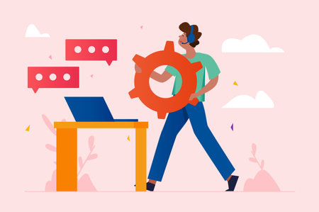 Pink concept Call center with people scene in the flat cartoon design. Call center employee is in a hurry to help customers via video call. Vector illustration.のイラスト素材