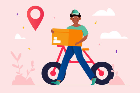 Delivery service pink concept with people scene in the flat cartoon design. Courier delivers large parcels by bicycle to destinations. Vector illustration.のイラスト素材