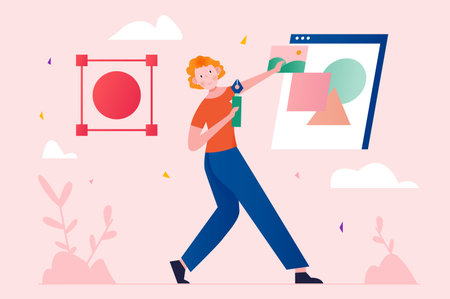 Graphic design pink concept with people scene in the flat cartoon design. Graphic designer presents sketches that will be used in an upcoming project. Vector illustration.のイラスト素材