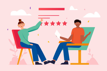 HR manager pink concept with people scene in the flat cartoon design. HR manager conducts interviews with future employees of the company. Vector illustration.のイラスト素材