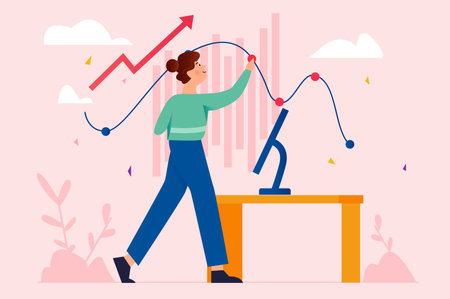 Stock market pink concept with people scene in the flat cartoon style. Financier follows the rapid spread of various currencies on the stock market. Vector illustration.のイラスト素材