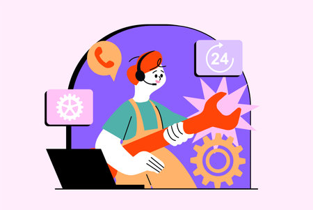 Support waist high concept with people scene in the flat cartoon design. Support center employee tries to help customers over the phone. Vector illustration.のイラスト素材