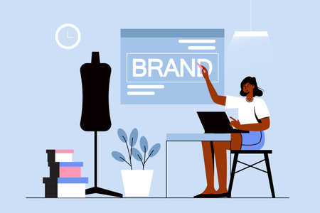 Branding blue concept with people scene in the flat cartoon design. Creative designer works on improving the image for a client company. Vector illustration.のイラスト素材