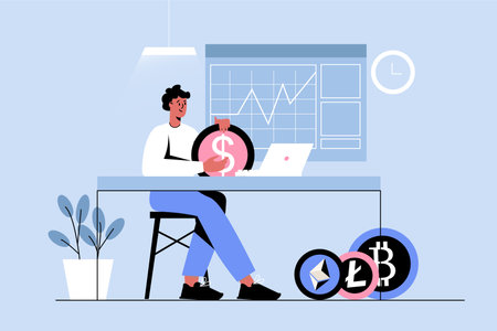 Cryptocurrency investment blue concept with people scene in the flat cartoon design. Financial specialist monitors the change in the exchange rate of cryptocurrencies. Vector illustration.のイラスト素材