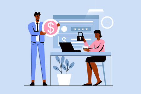 Online banking blue concept with people scene in the flat cartoon design. Man came to the bank to set up the online banking functions. Vector illustration.のイラスト素材