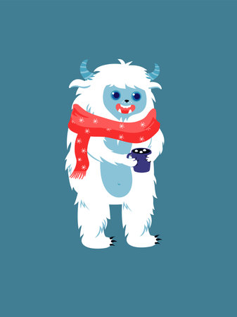 Concept Cute Yeti drinking hot chocolate. This vector illustration showcases a cozy flat scene with a cute cartoon Yeti enjoying a warm cup of hot chocolate. Vector illustration.のイラスト素材