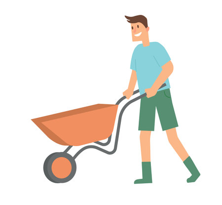 Concept Man with garden wheelbarrow. A flat vector cartoon illustration of a man in a garden pushing a garden wheelbarrow. Vector illustration.のイラスト素材