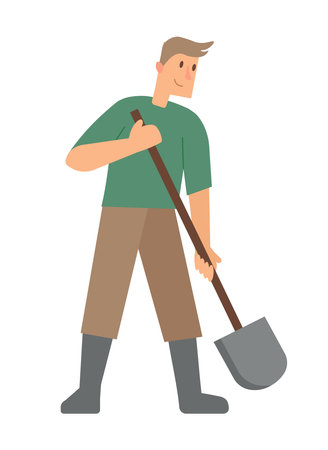 Concept Man with a shovel. This vector illustration depicts a man with a shovel in a flat and cartoon style. Vector illustration.のイラスト素材