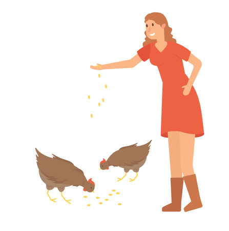 Concept Women feeding chickens. The vector illustration depicts a woman in a farm scene, feeding her chickens. Vector illustration.のイラスト素材