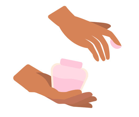 Concept Spa salon hands holding cream jar. A flat cartoon illustration depicts a scene of a spa salon with hands holding a cream jar. Vector illustration.のイラスト素材