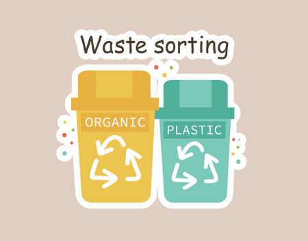 Concept Ecologic organic plastic containers waste sorting title. This is a flat vector illustration with a cartoon-style concept that promotes ecologic practices. Vector illustration.のイラスト素材
