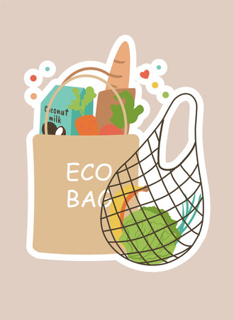 Concept Ecologic eco bag net string bag. In the illustration, the concept of ecology is depicted through the use of a flat vector design. Vector illustration.のイラスト素材