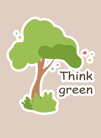Concept Ecologic tree think green title. The scene features a cartoon-style tree with the phrase Think Green written on its trunk, surrounded by elements of nature. Vector illustration.のイラスト素材