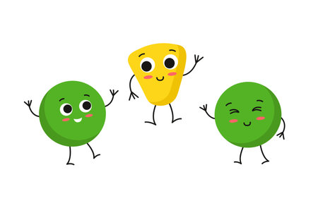 Concept Cute vegan corn and peas seeds vegetables. The concept is a flat vector illustration of vegan corn and pea seeds, which have been created using cartoon elements. Vector illustration.のイラスト素材