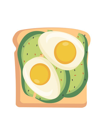 Concept Tasty toast with avocado and egg. An illustration created using flat vector techniques depict a breakfast of toast with eggs and avocado. Vector illustration.のイラスト素材