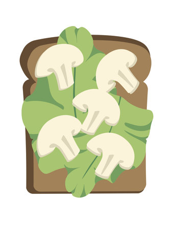 Concept Tasty toast with lettuce and mushrooms. An illustration created using flat vector techniques depict a cartoon breakfast of toast with lettuce and mushrooms. Vector illustration.のイラスト素材